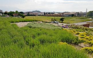 The green roof is hardly perceptible as it merges into the surrounding landscape. Green roof and view over the surrounding landscape